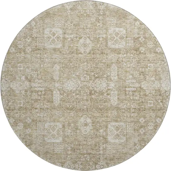 8' Beige And Ivory Floral Washable Round Rug With UV Protection Photo 1
