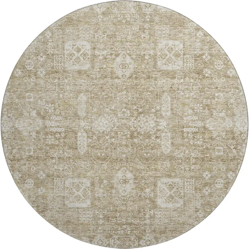 8' Beige And Ivory Floral Washable Round Rug With UV Protection Photo 1