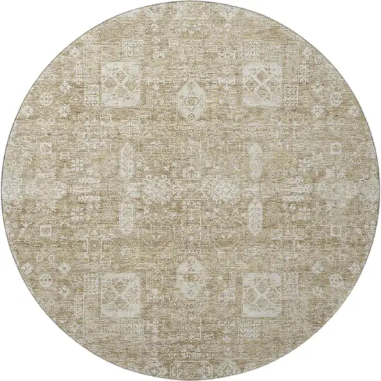 8' Beige And Ivory Floral Washable Round Rug With UV Protection Photo 3