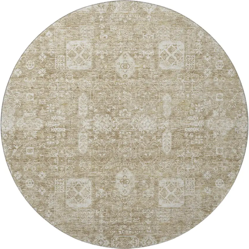 8' Beige And Ivory Floral Washable Round Rug With UV Protection Photo 3