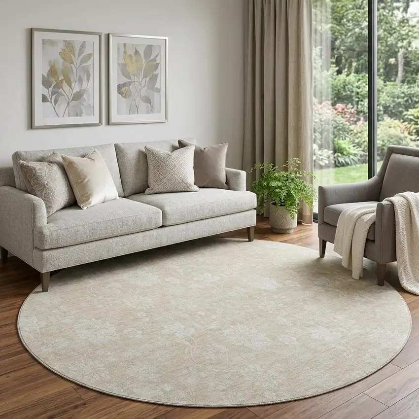 8' Beige And Ivory Floral Washable Round Rug With UV Protection Photo 1