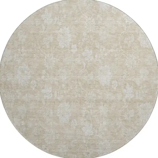 8' Beige And Ivory Floral Washable Round Rug With UV Protection Photo 4