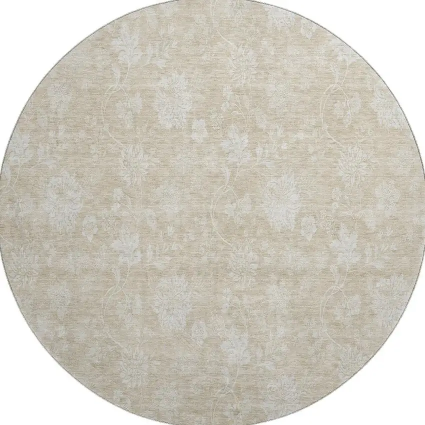 8' Beige And Ivory Floral Washable Round Rug With UV Protection Photo 4