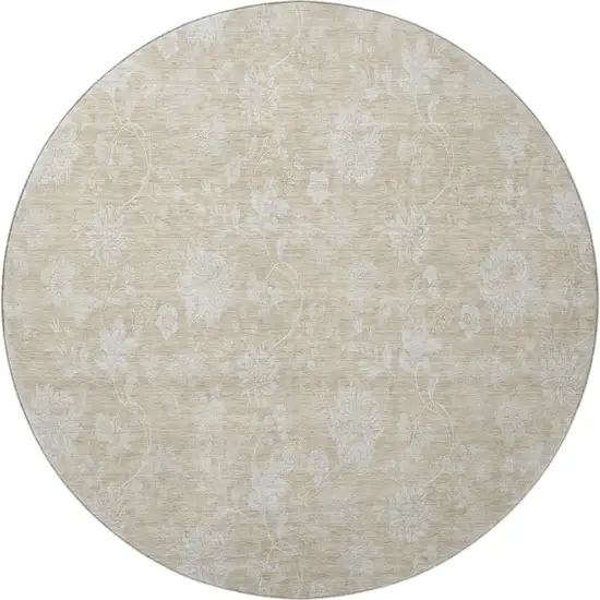 8' Beige And Ivory Floral Washable Round Rug With UV Protection Photo 3