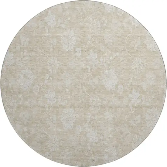 8' Beige And Ivory Floral Washable Round Rug With UV Protection Photo 1