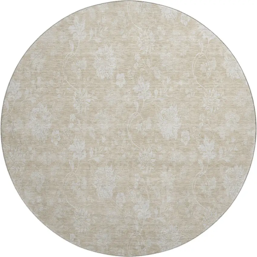 8' Beige And Ivory Floral Washable Round Rug With UV Protection Photo 1