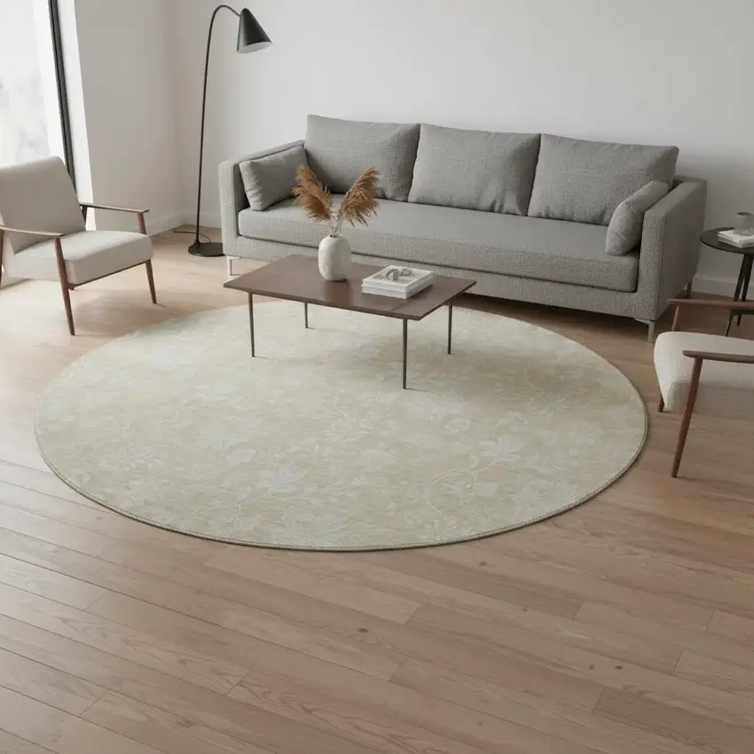 8' Beige And Ivory Floral Washable Round Rug With UV Protection Photo 2