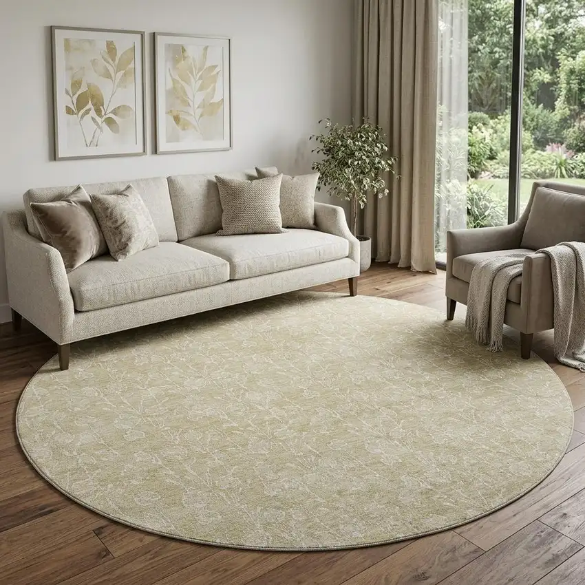 8' Beige And Ivory Floral Washable Round Rug With UV Protection Photo 1