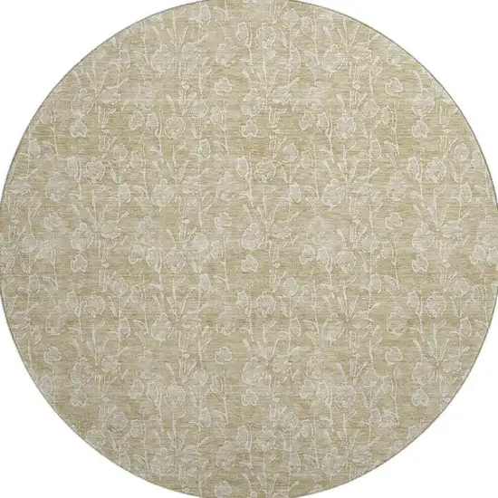 8' Beige And Ivory Floral Washable Round Rug With UV Protection Photo 4