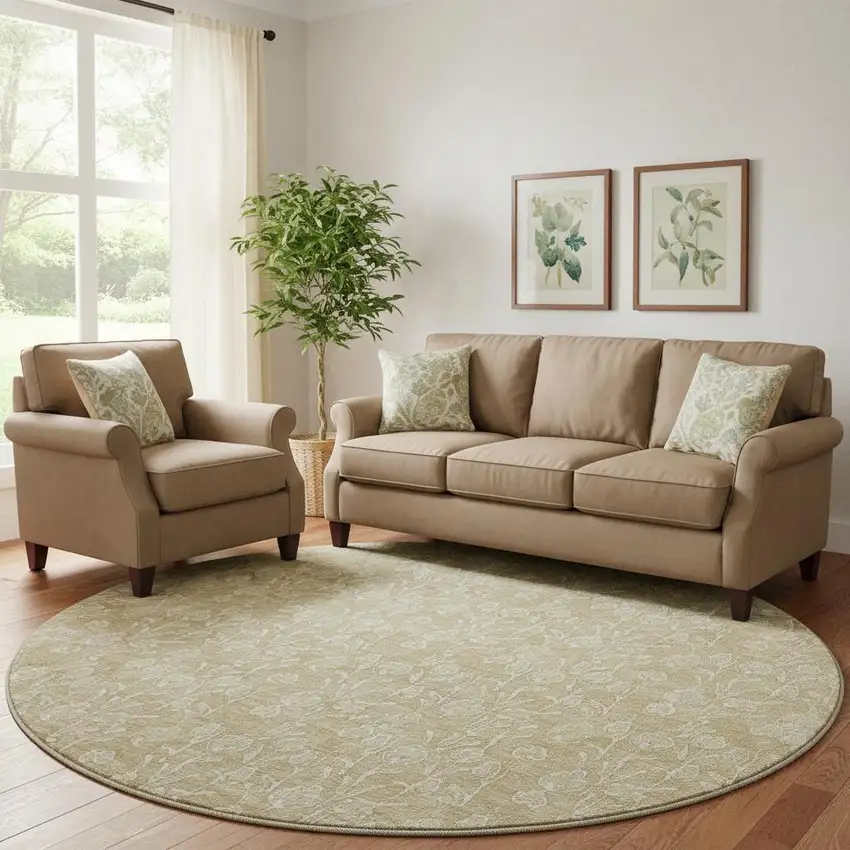 8' Beige And Ivory Floral Washable Round Rug With UV Protection Photo 1