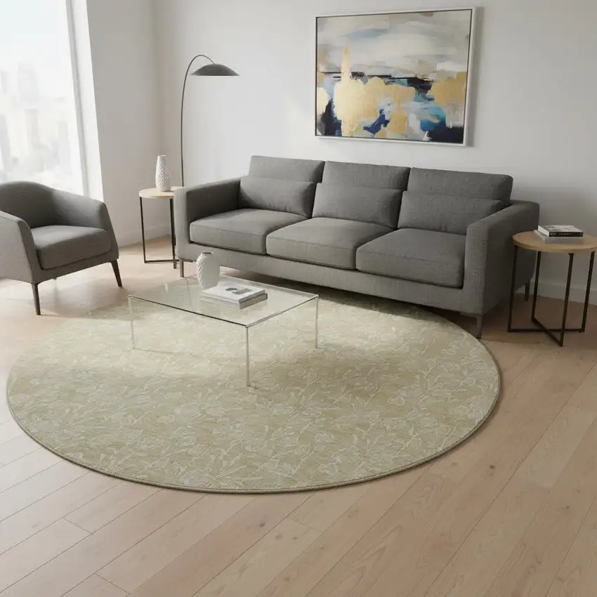 8' Beige And Ivory Floral Washable Round Rug With UV Protection Photo 2