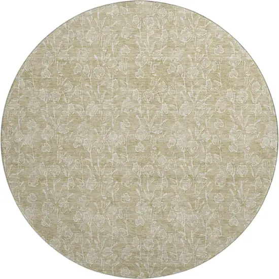 8' Beige And Ivory Floral Washable Round Rug With UV Protection Photo 1