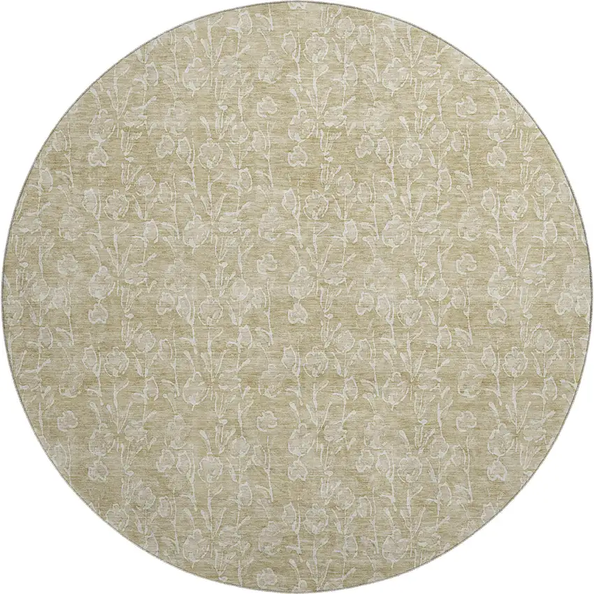 8' Beige And Ivory Floral Washable Round Rug With UV Protection Photo 1
