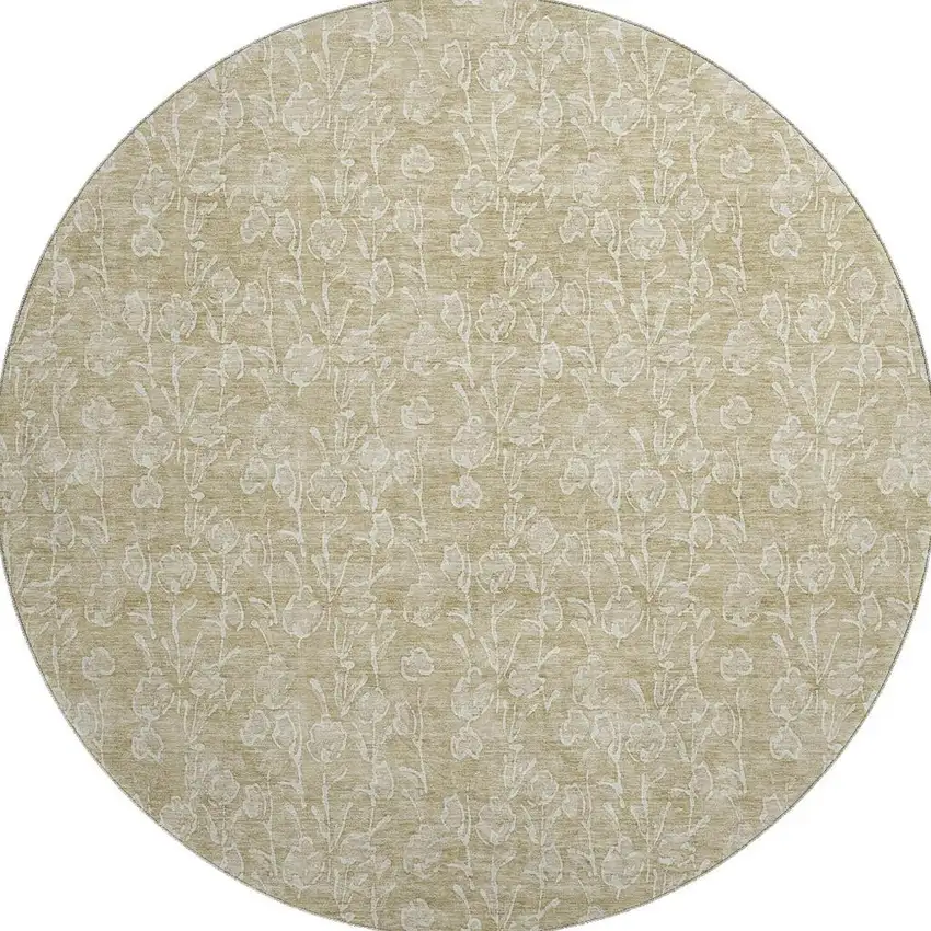 8' Beige And Ivory Floral Washable Round Rug With UV Protection Photo 3