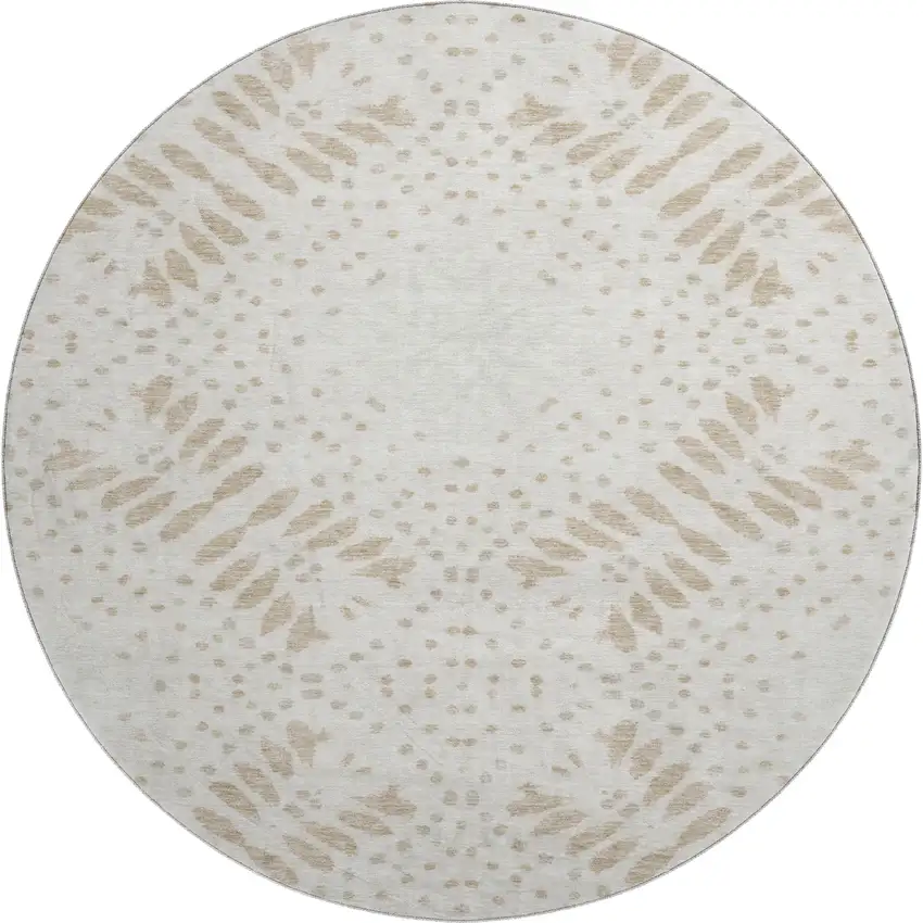 8' Beige And Ivory Floral Washable Round Rug With UV Protection Photo 1
