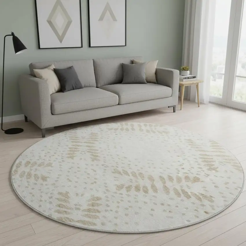 8' Beige And Ivory Floral Washable Round Rug With UV Protection Photo 2