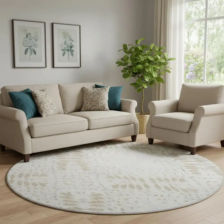 8' Beige And Ivory Floral Washable Round Rug With UV Protection Photo 1