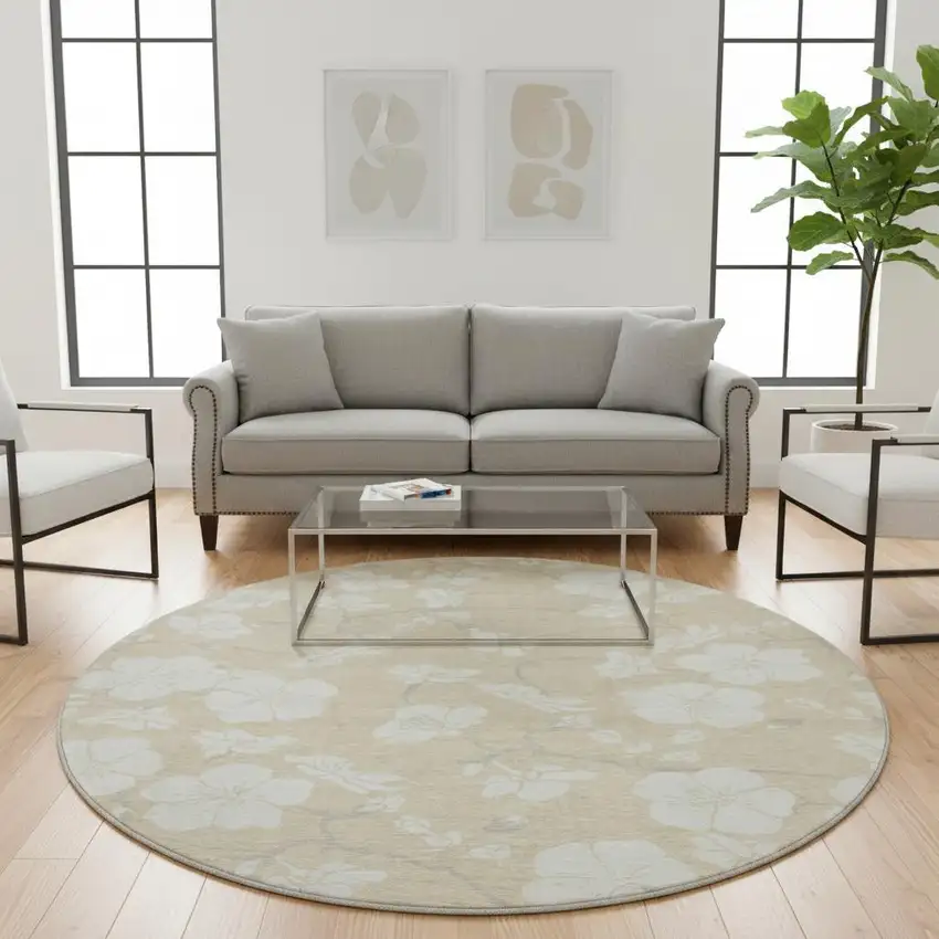 8' Beige And Ivory Floral Washable Round Rug With UV Protection Photo 2