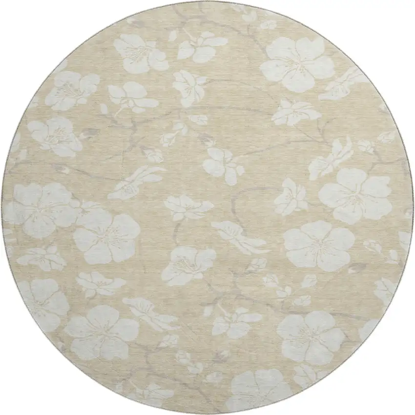 8' Beige And Ivory Floral Washable Round Rug With UV Protection Photo 1