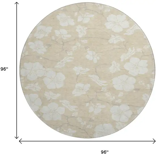 8' Beige And Ivory Floral Washable Round Rug With UV Protection Photo 9