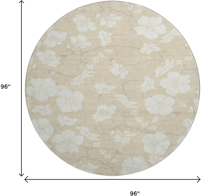 8' Beige And Ivory Floral Washable Round Rug With UV Protection Photo 9