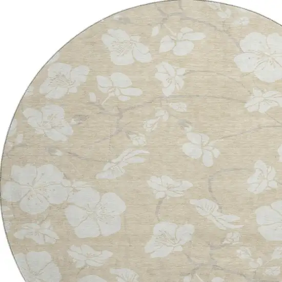 8' Beige And Ivory Floral Washable Round Rug With UV Protection Photo 2