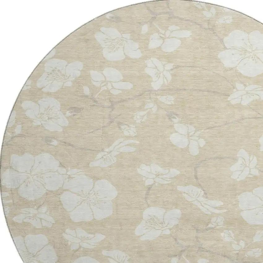8' Beige And Ivory Floral Washable Round Rug With UV Protection Photo 2