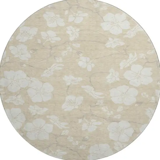 8' Beige And Ivory Floral Washable Round Rug With UV Protection Photo 3