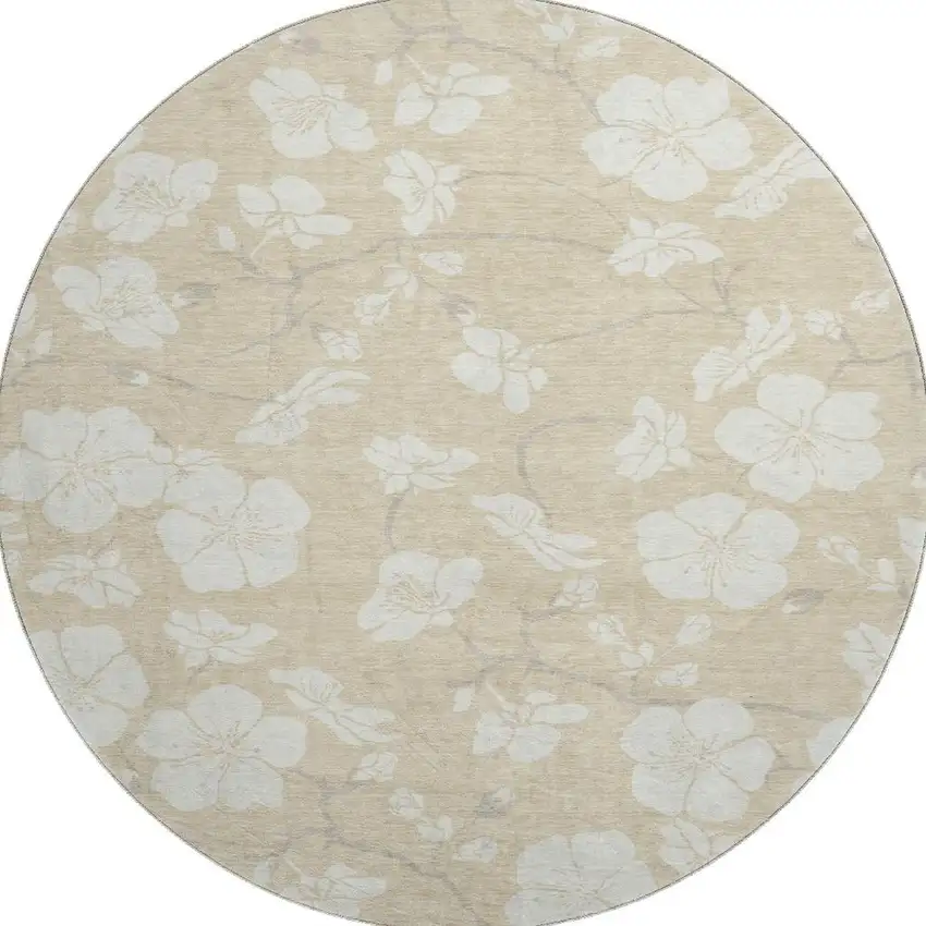 8' Beige And Ivory Floral Washable Round Rug With UV Protection Photo 3