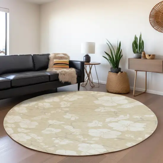 8' Beige And Ivory Floral Washable Round Rug With UV Protection Photo 4