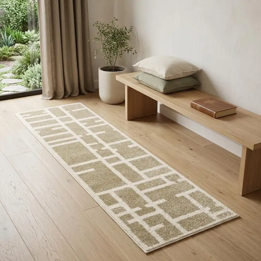 7' Beige And Ivory Geometric Runner Rug Photo 1