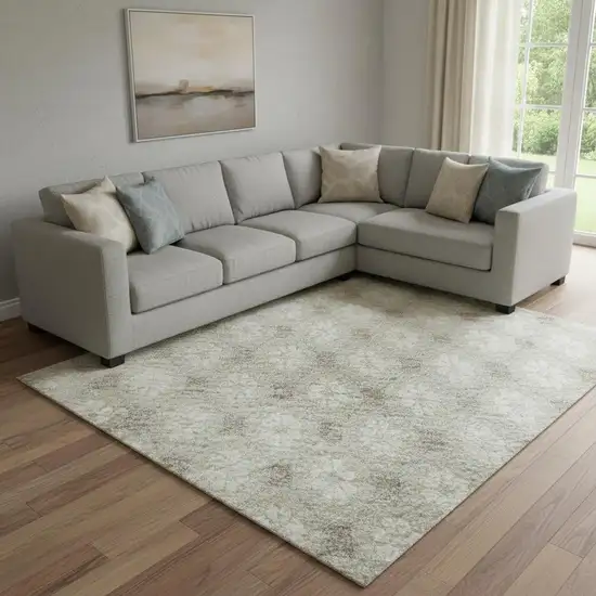 8' Beige And Ivory Geometric Washable Area Rug With UV Protection Photo 2