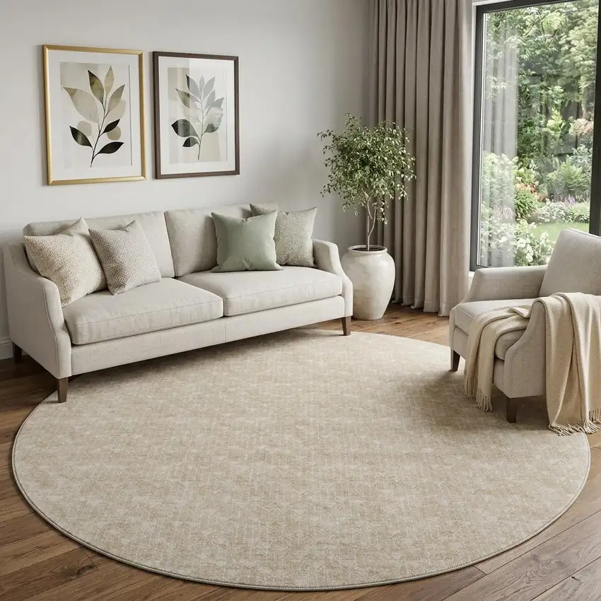 8' Beige And Ivory Geometric Washable Round Rug With UV Protection Photo 1