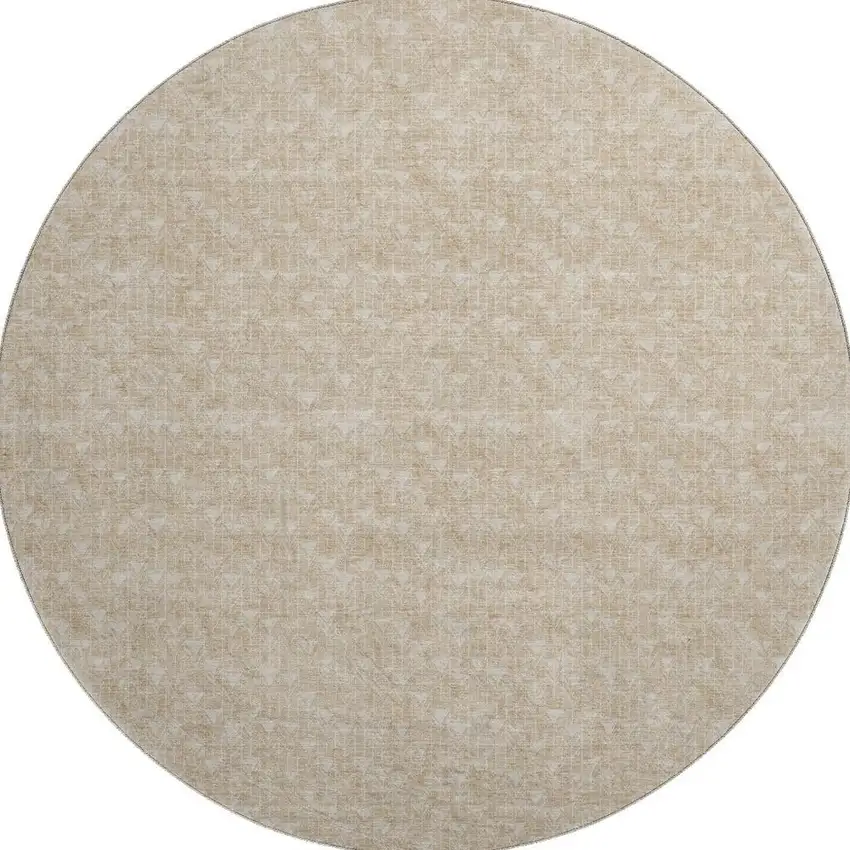 8' Beige And Ivory Geometric Washable Round Rug With UV Protection Photo 3