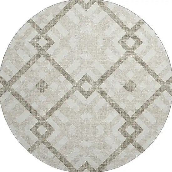8' Beige And Ivory Geometric Washable Round Rug With UV Protection Photo 2