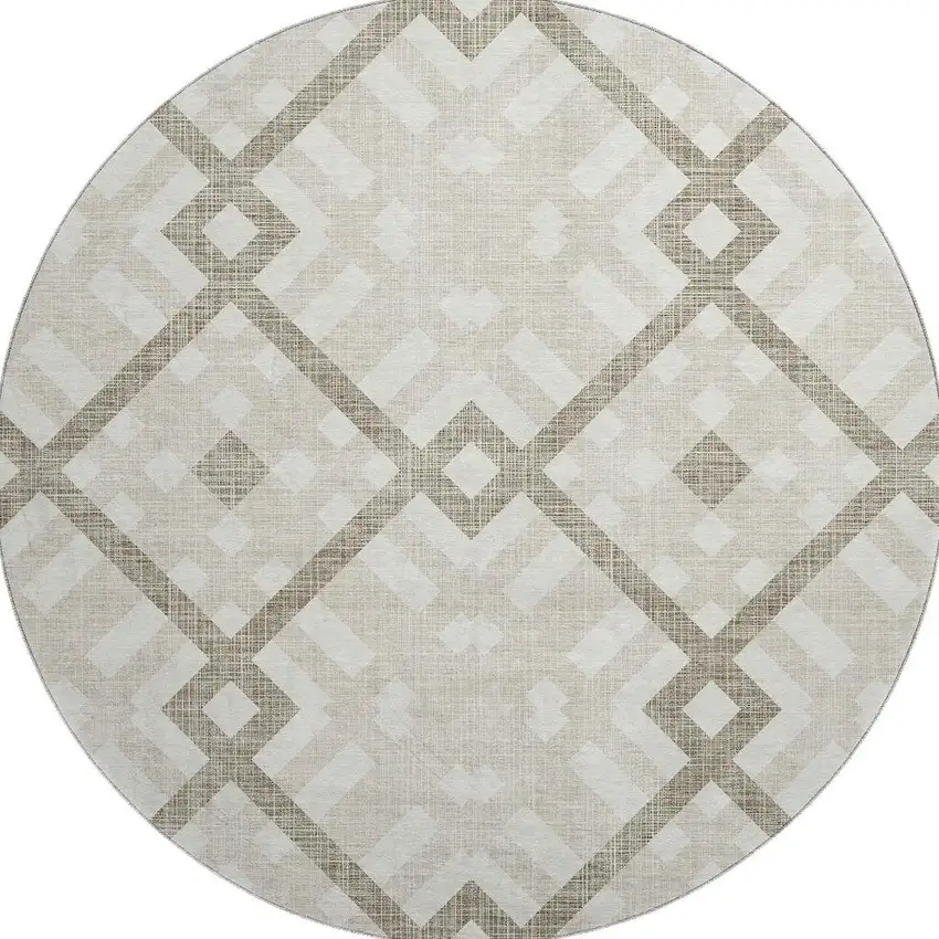 8' Beige And Ivory Geometric Washable Round Rug With UV Protection Photo 2