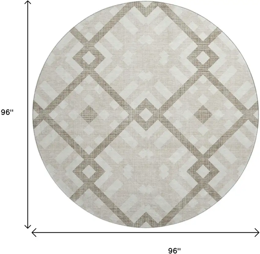 8' Beige And Ivory Geometric Washable Round Rug With UV Protection Photo 9