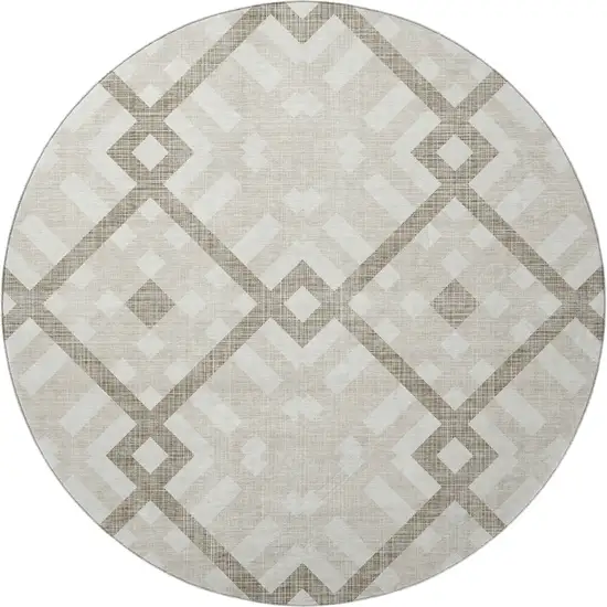8' Beige And Ivory Geometric Washable Round Rug With UV Protection Photo 3