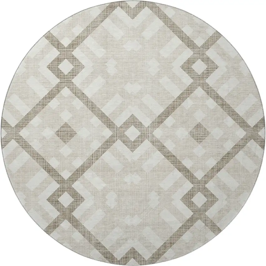 8' Beige And Ivory Geometric Washable Round Rug With UV Protection Photo 3