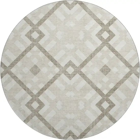 8' Beige And Ivory Geometric Washable Round Rug With UV Protection Photo 1