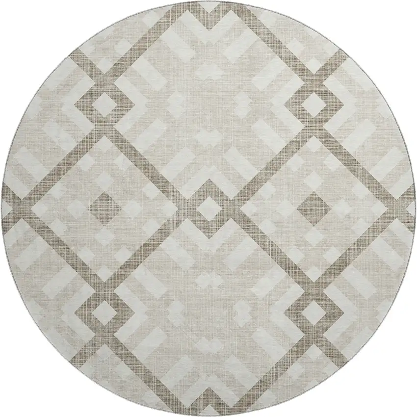 8' Beige And Ivory Geometric Washable Round Rug With UV Protection Photo 1