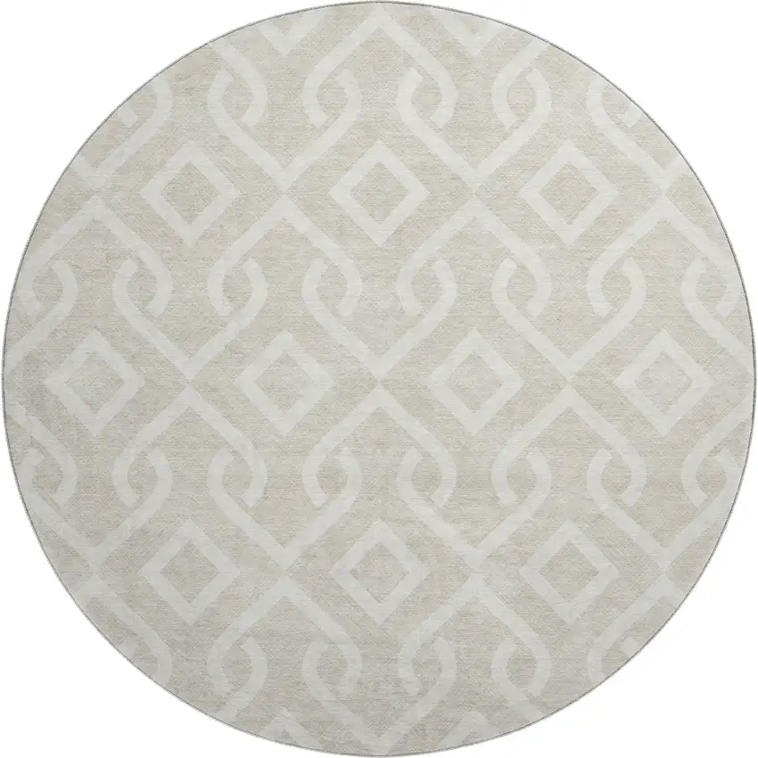 8' Beige And Ivory Geometric Washable Round Rug With UV Protection Photo 1