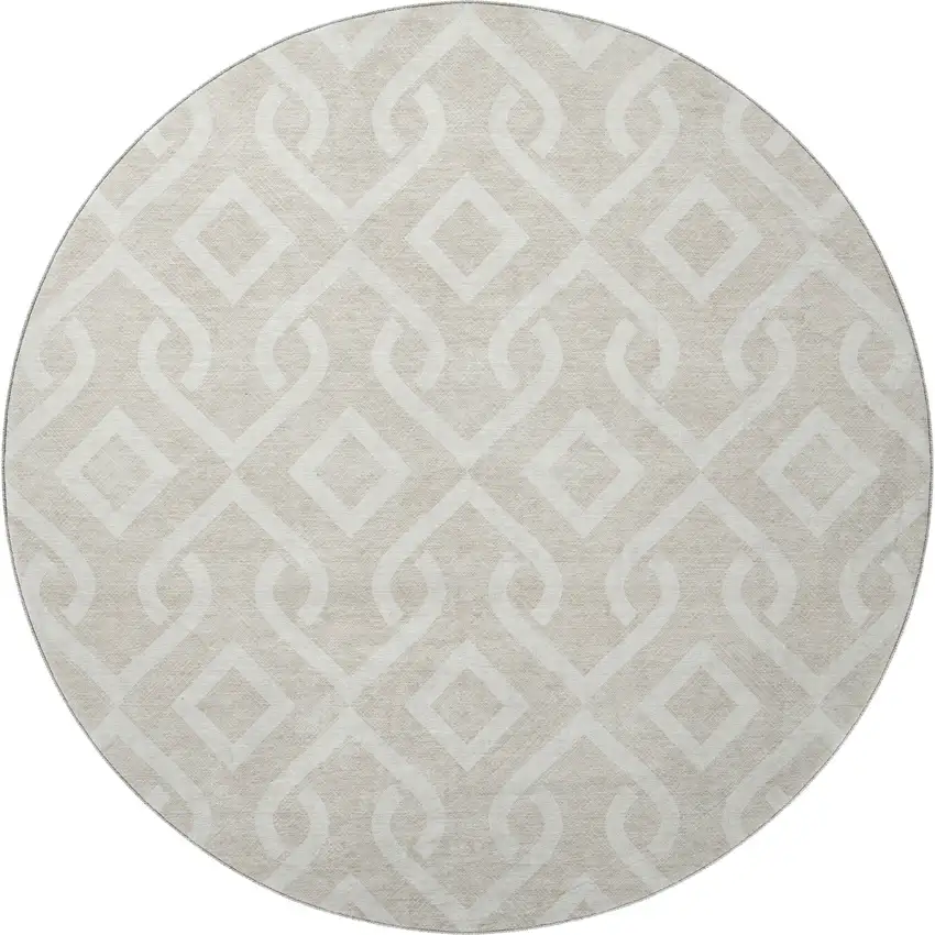 8' Beige And Ivory Geometric Washable Round Rug With UV Protection Photo 4