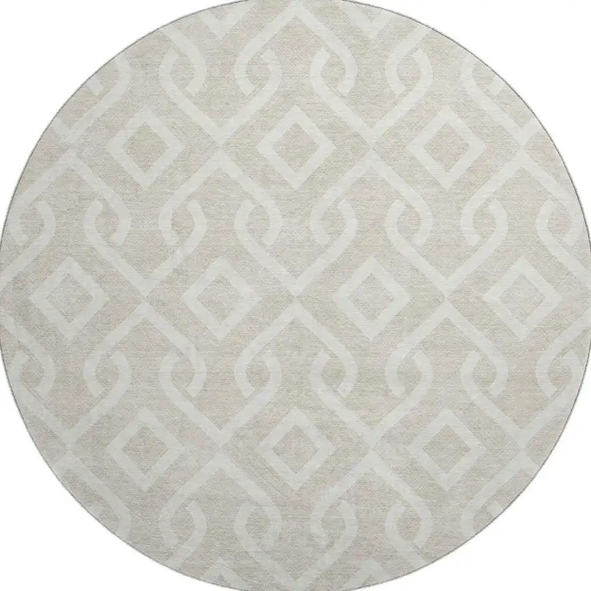 8' Beige And Ivory Geometric Washable Round Rug With UV Protection Photo 3