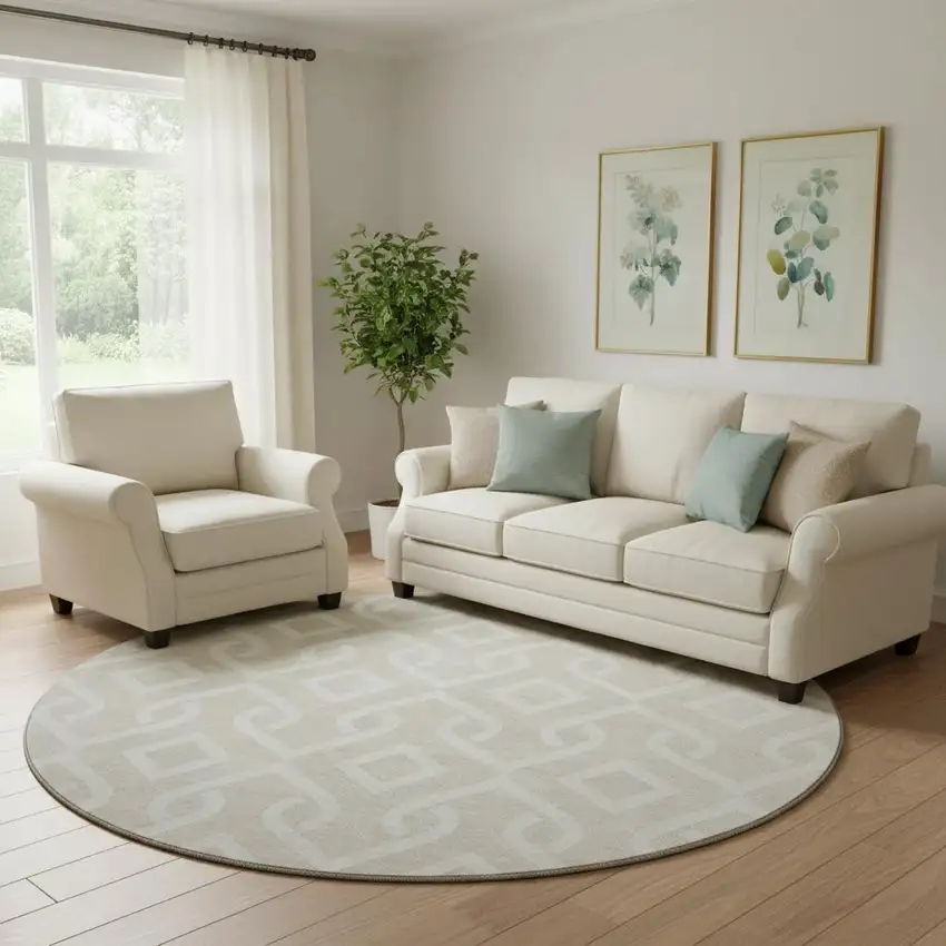 8' Beige And Ivory Geometric Washable Round Rug With UV Protection Photo 1