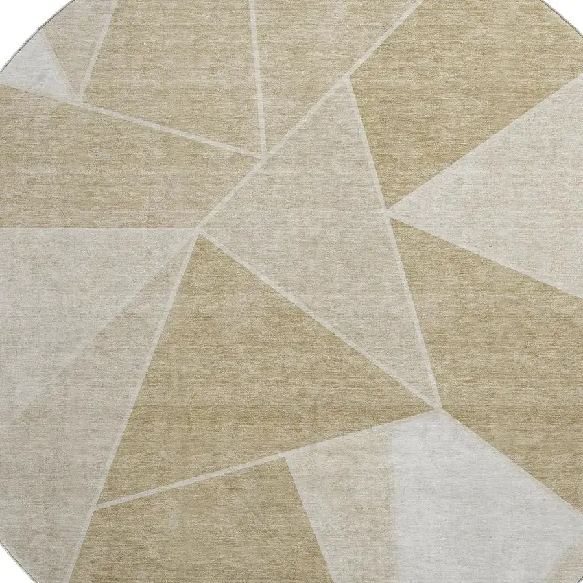8' Beige And Ivory Geometric Washable Round Rug With UV Protection Photo 3