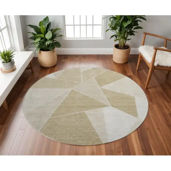 8' Beige And Ivory Geometric Washable Round Rug With UV Protection Photo 2