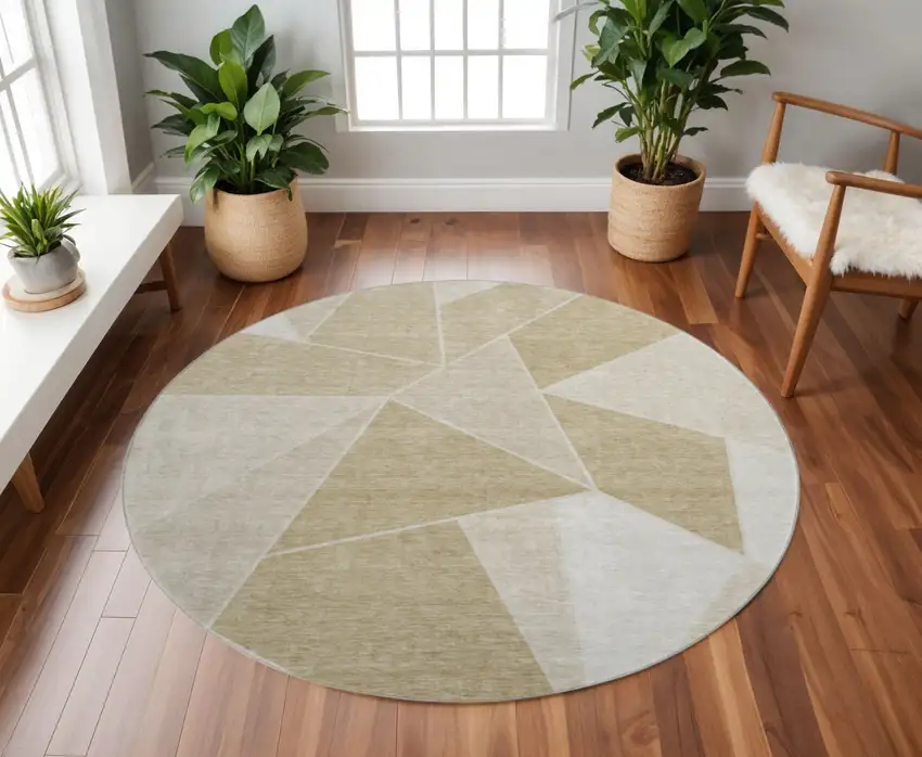 8' Beige And Ivory Geometric Washable Round Rug With UV Protection Photo 2
