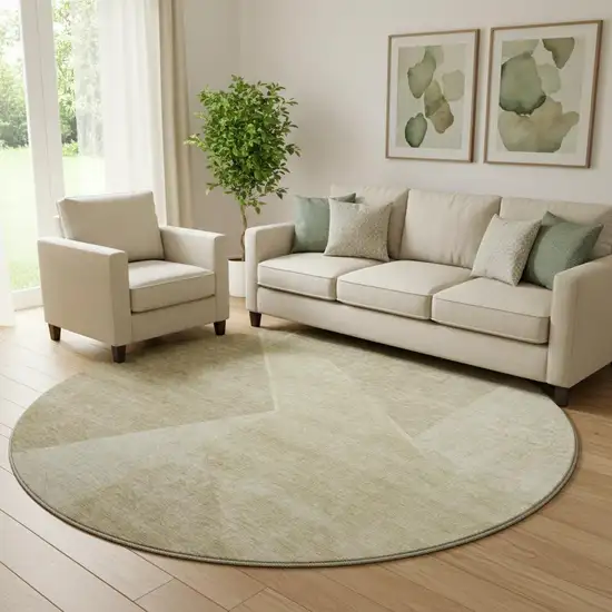 8' Beige And Ivory Geometric Washable Round Rug With UV Protection Photo 1