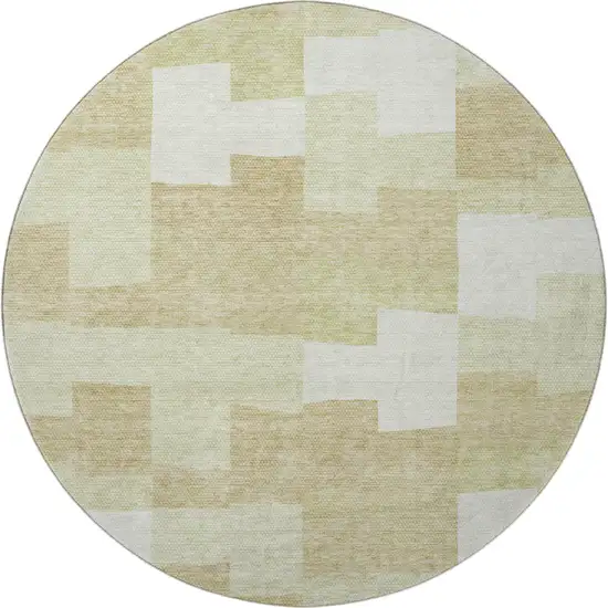 8' Beige And Ivory Geometric Washable Round Rug With UV Protection Photo 3
